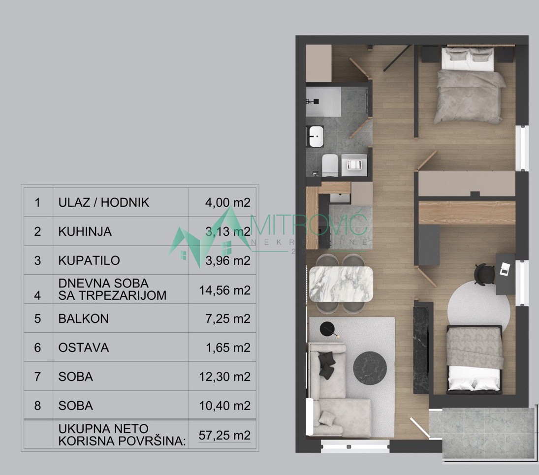 Novi Sad, Adice - Dvoiposoban stan 57 m2 