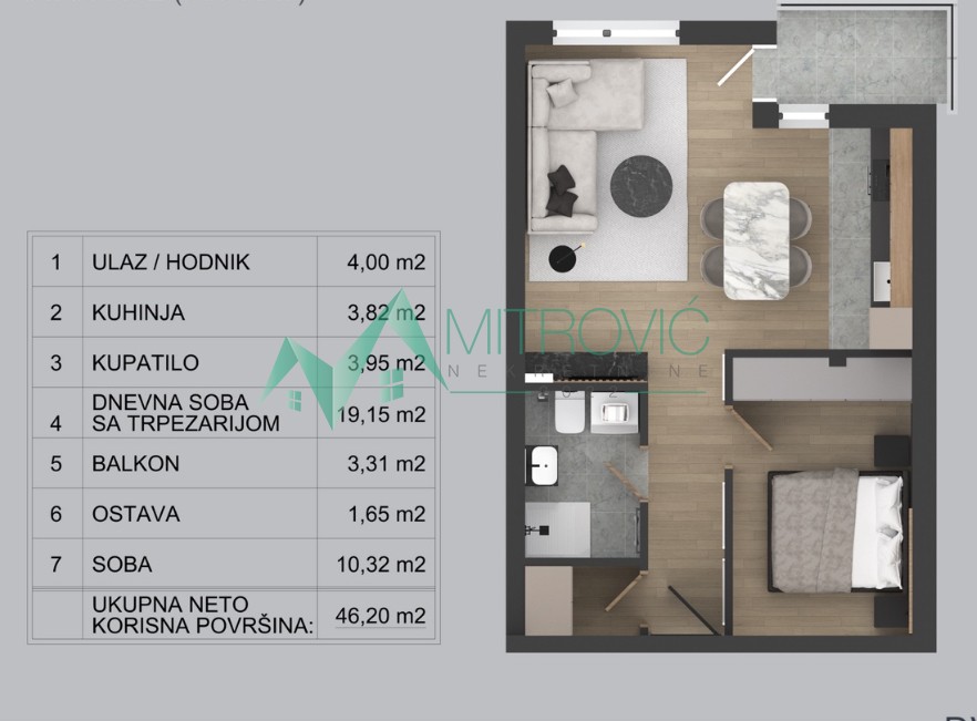 Novi Sad, Adice - Jednoiposoban stan,  46 m2 