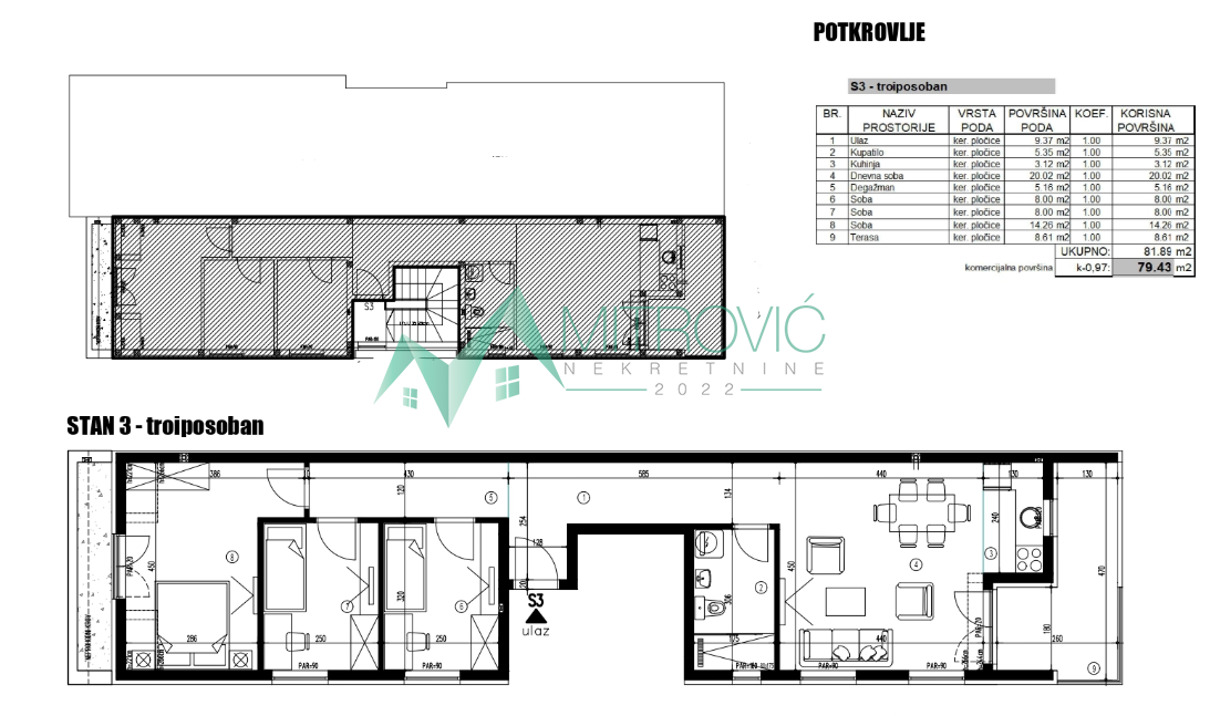 Veternik — Troiposoban stan u potkrovlju, 80m², novogradnja 